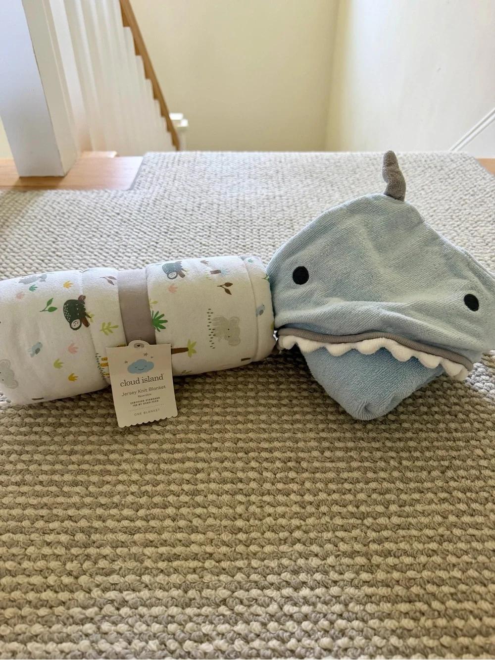 Cloud Island Baby Blanket + Shark Hooded Towel Bundle NWT/Used